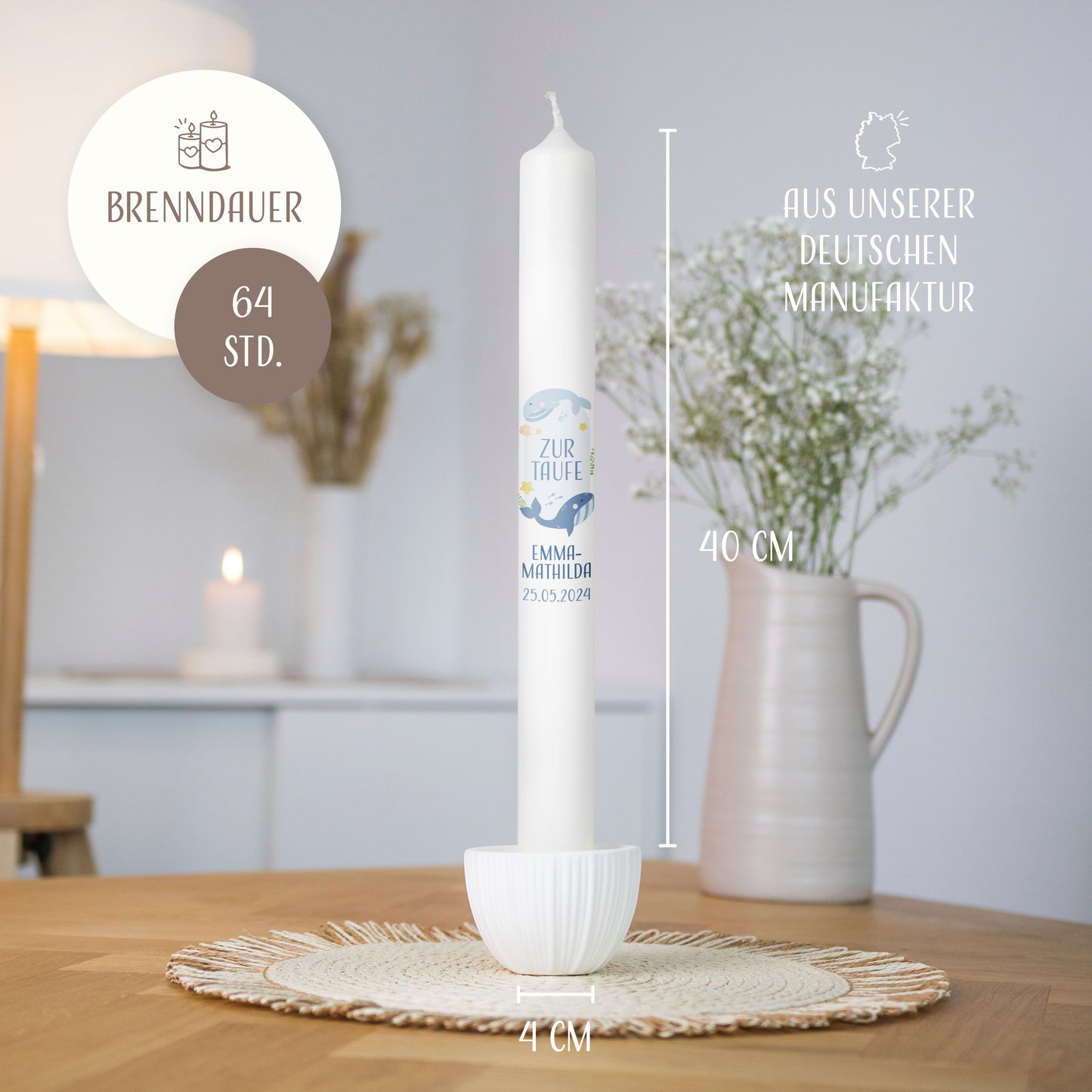 Taufkerze | Wunderwelt Wal | Beige, Blau, Grün, Rosa