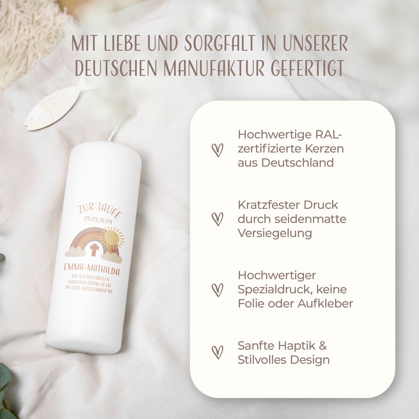 Taufkerze | Boho Regenbogen | Orange, Blau, Grün, Rosa