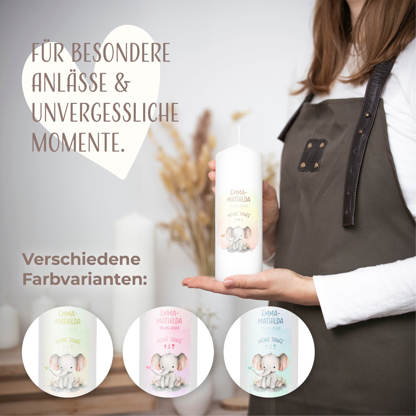 Taufkerze | Elefant Herz | Beige, Blau, Grün, Rosa