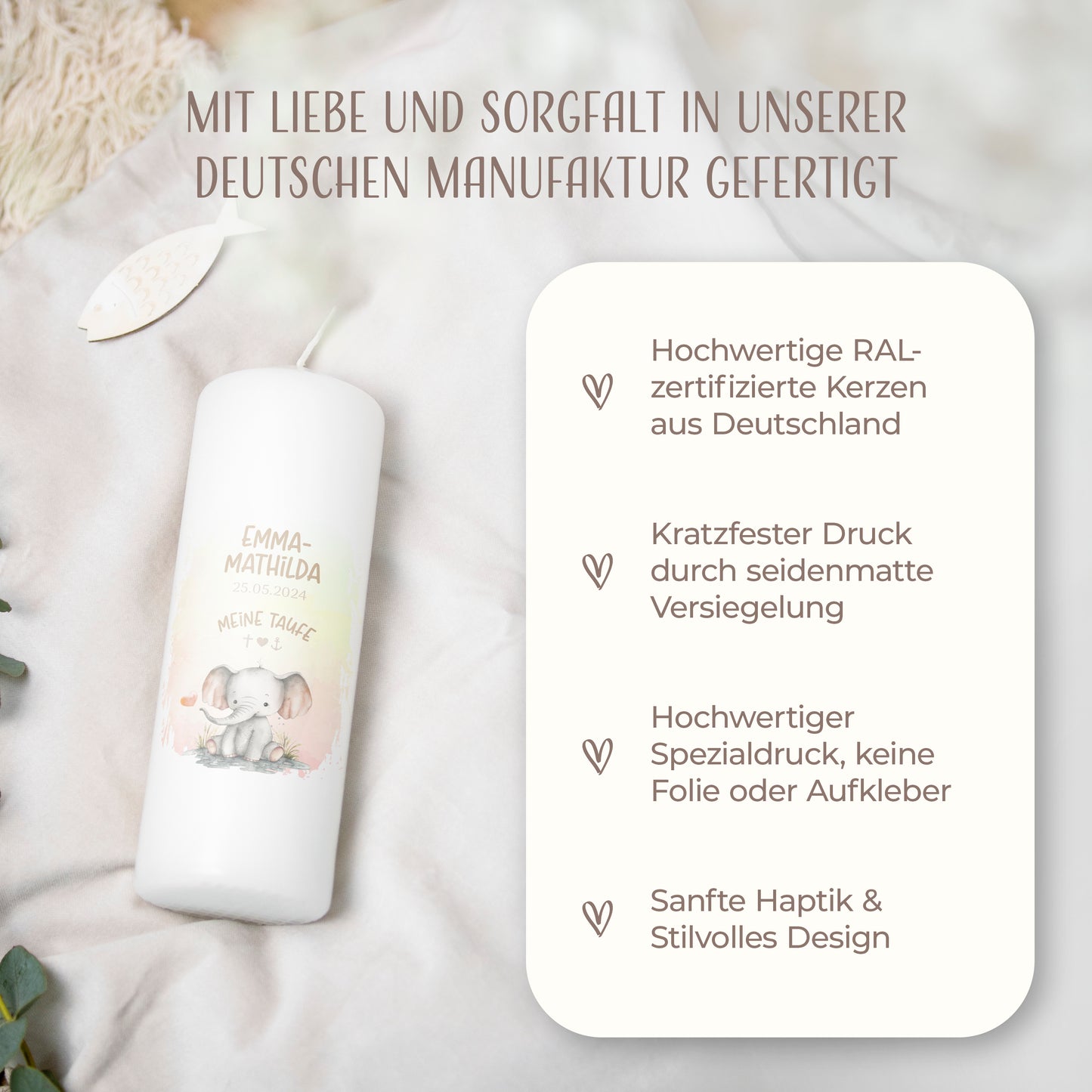 Taufkerze | Elefant Herz | Beige, Blau, Grün, Rosa