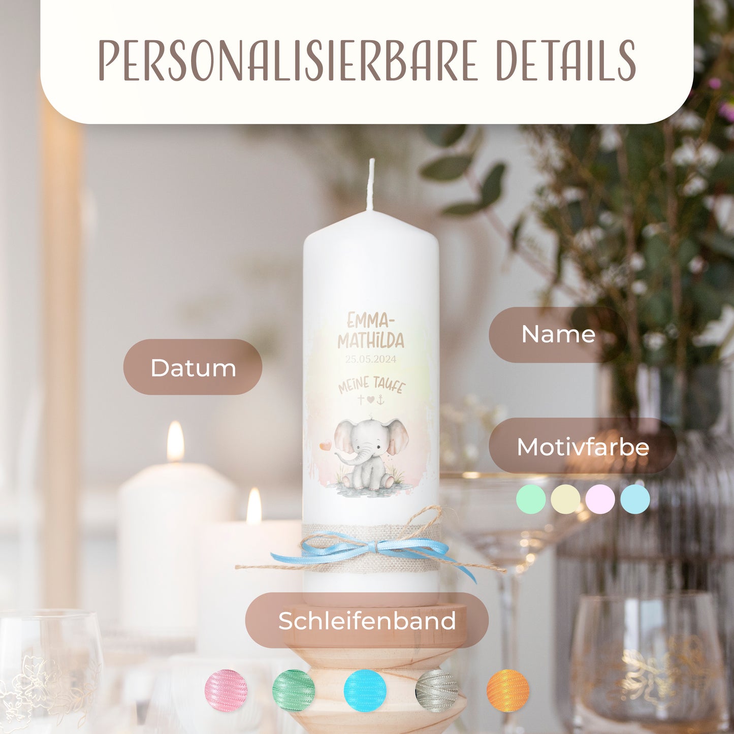 Taufkerze | Elefant Herz | Beige, Blau, Grün, Rosa