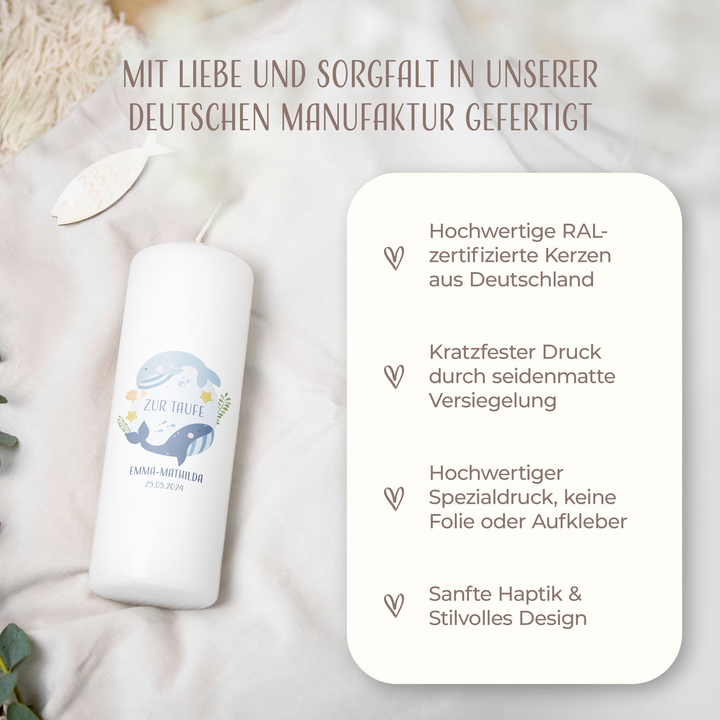 Taufkerze | Wunderwelt Wal | Beige, Blau, Grün, Rosa