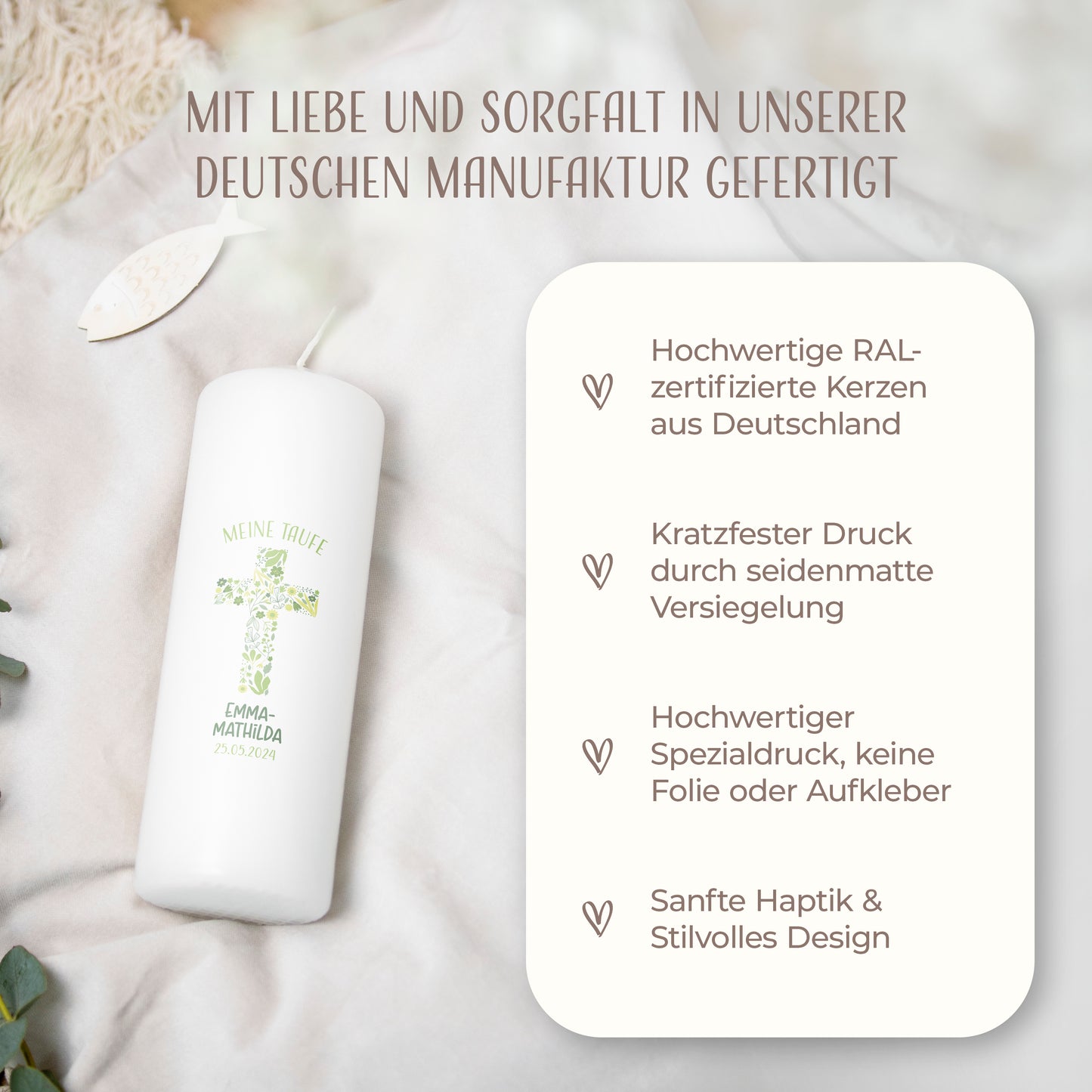 Taufkerze | Florales Kreuz | Orange, Blau, Grün, Rosa