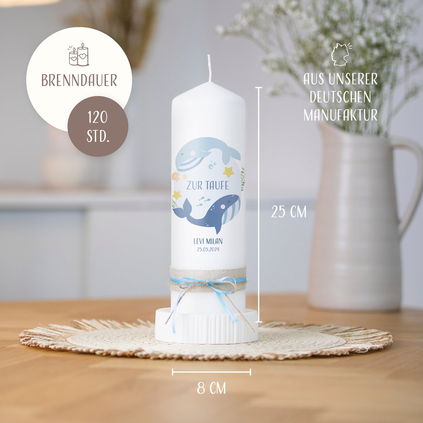 Taufkerze | Wunderwelt Wal | Beige, Blau, Grün, Rosa
