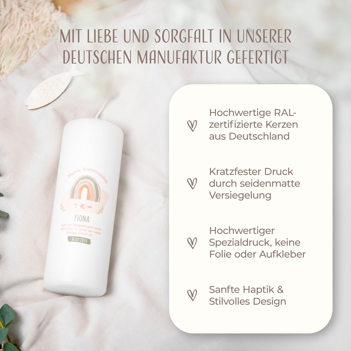 Kommunionskerze | Regenbogenzauber | Orange, Grün, Blau