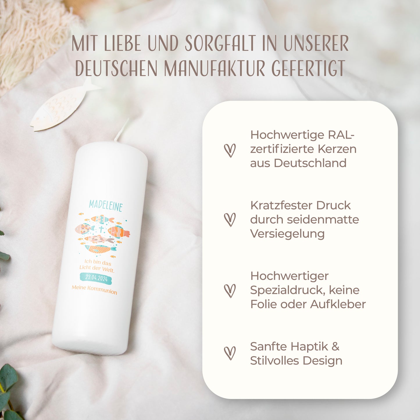 Kommunionskerze | Glaubensfisch | Türkis, Rosa, Orange, Blau