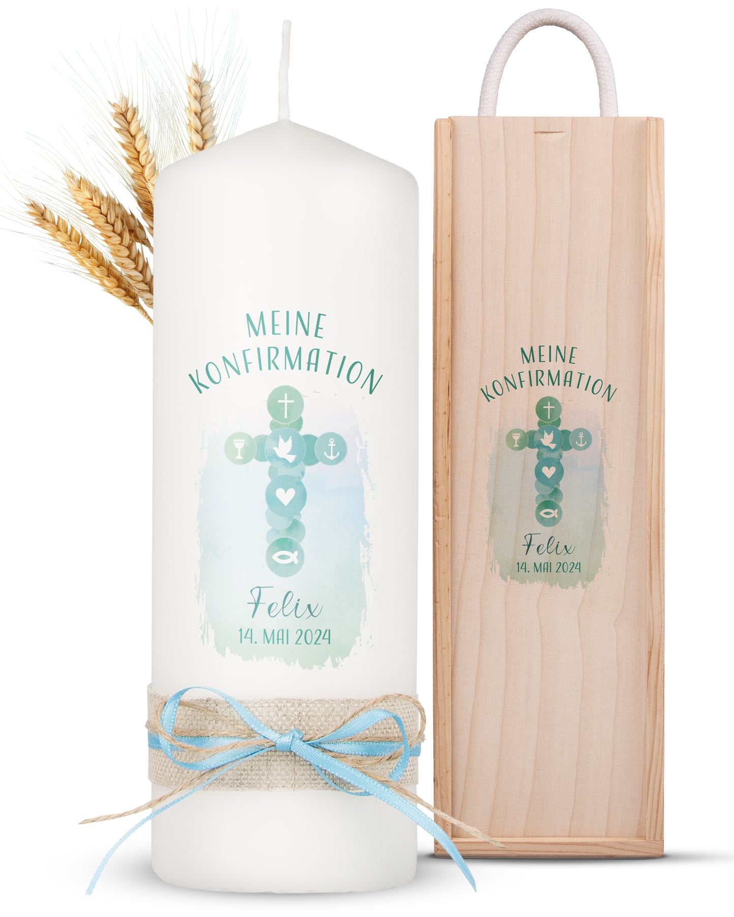Konfirmationskerze | Kreuz Symbole | Blau, Rosa
