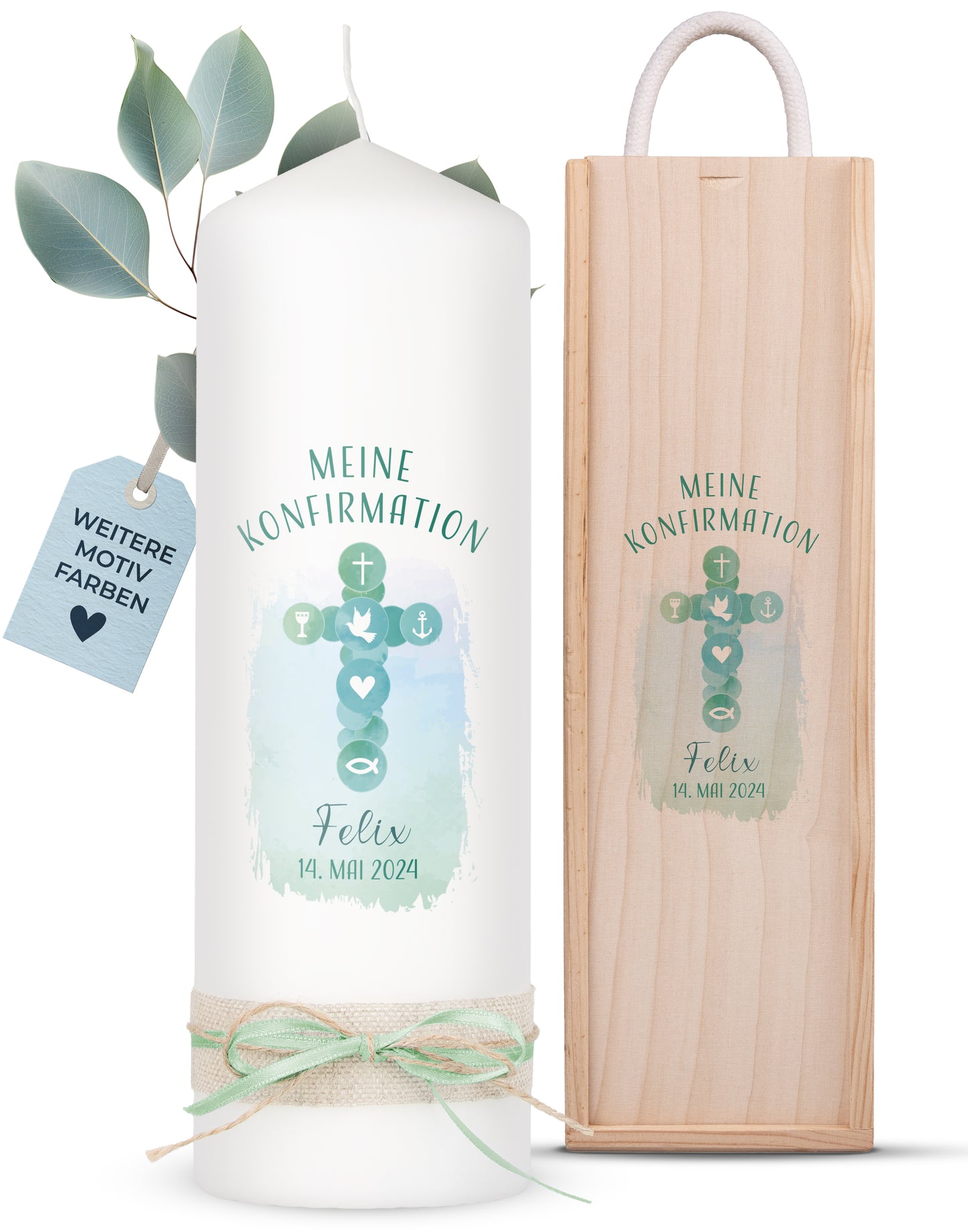Konfirmationskerze | Kreuz Symbole | Blau, Rosa