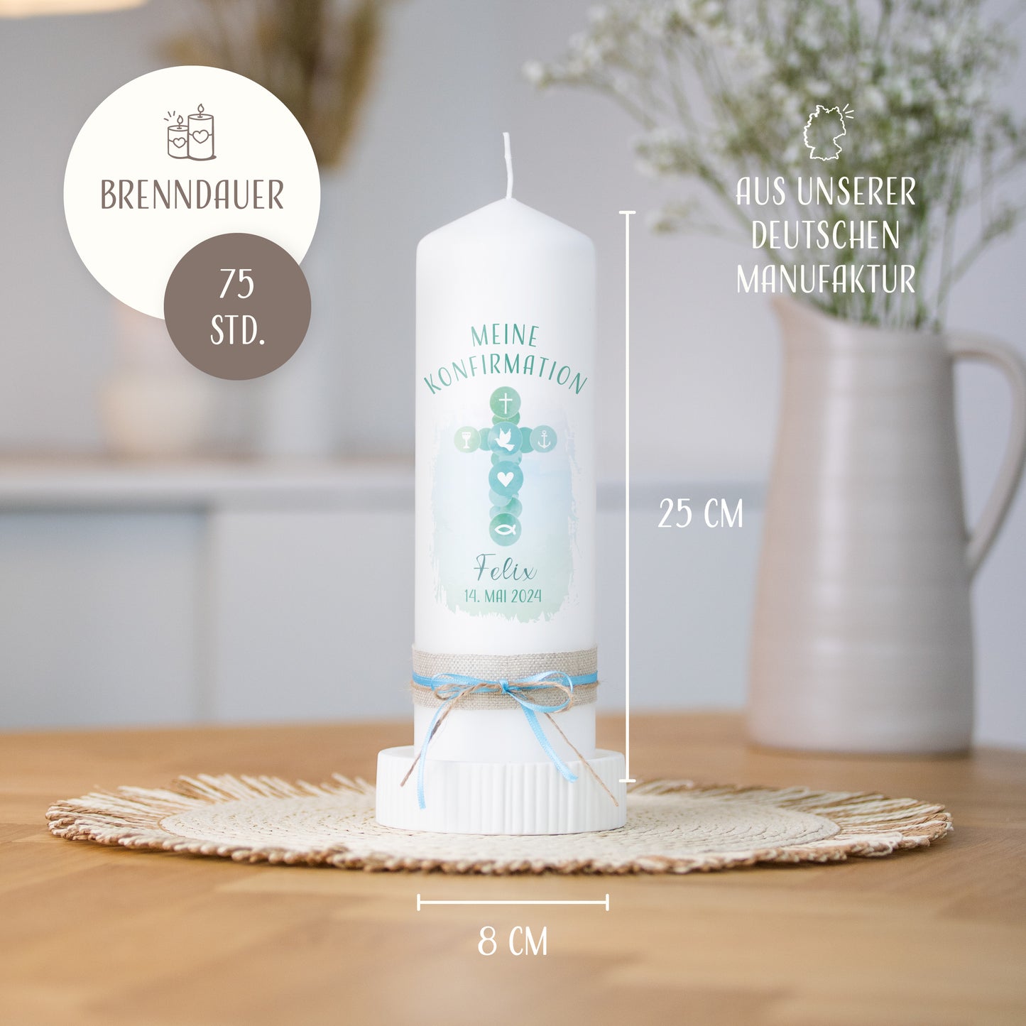 Konfirmationskerze | Kreuz Symbole | Blau, Rosa
