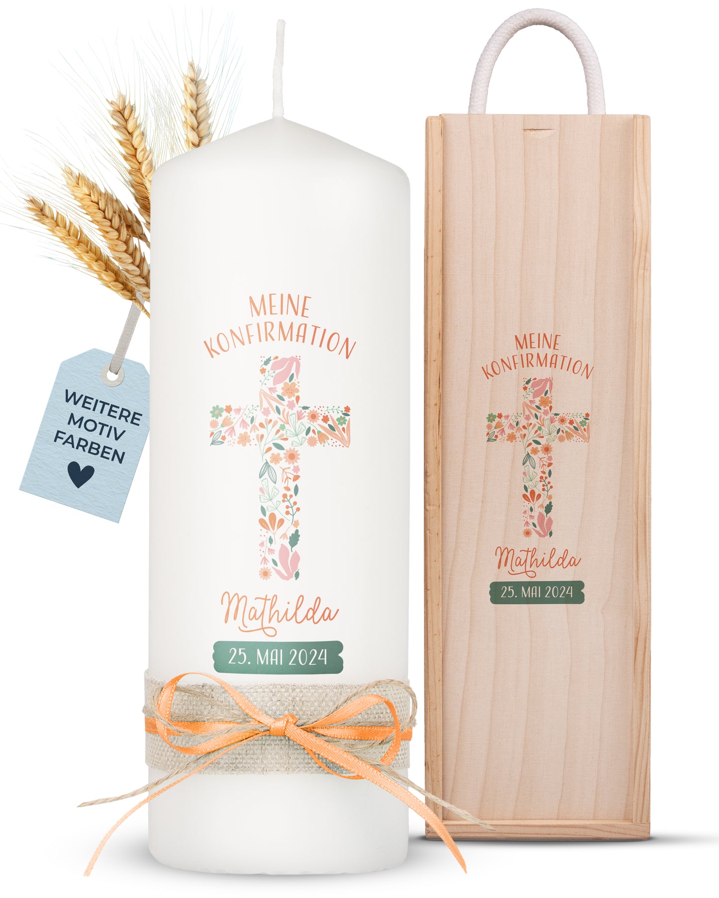Konfirmationskerze | Floraler Segen | Orange, Blau