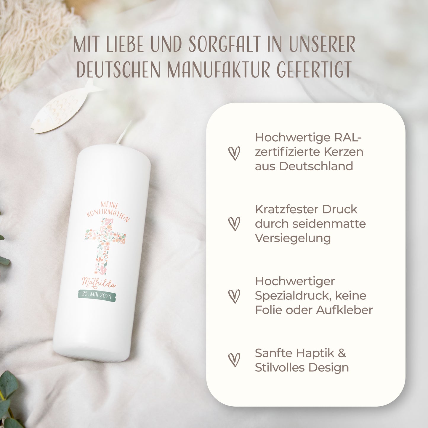Konfirmationskerze | Floraler Segen | Orange, Blau