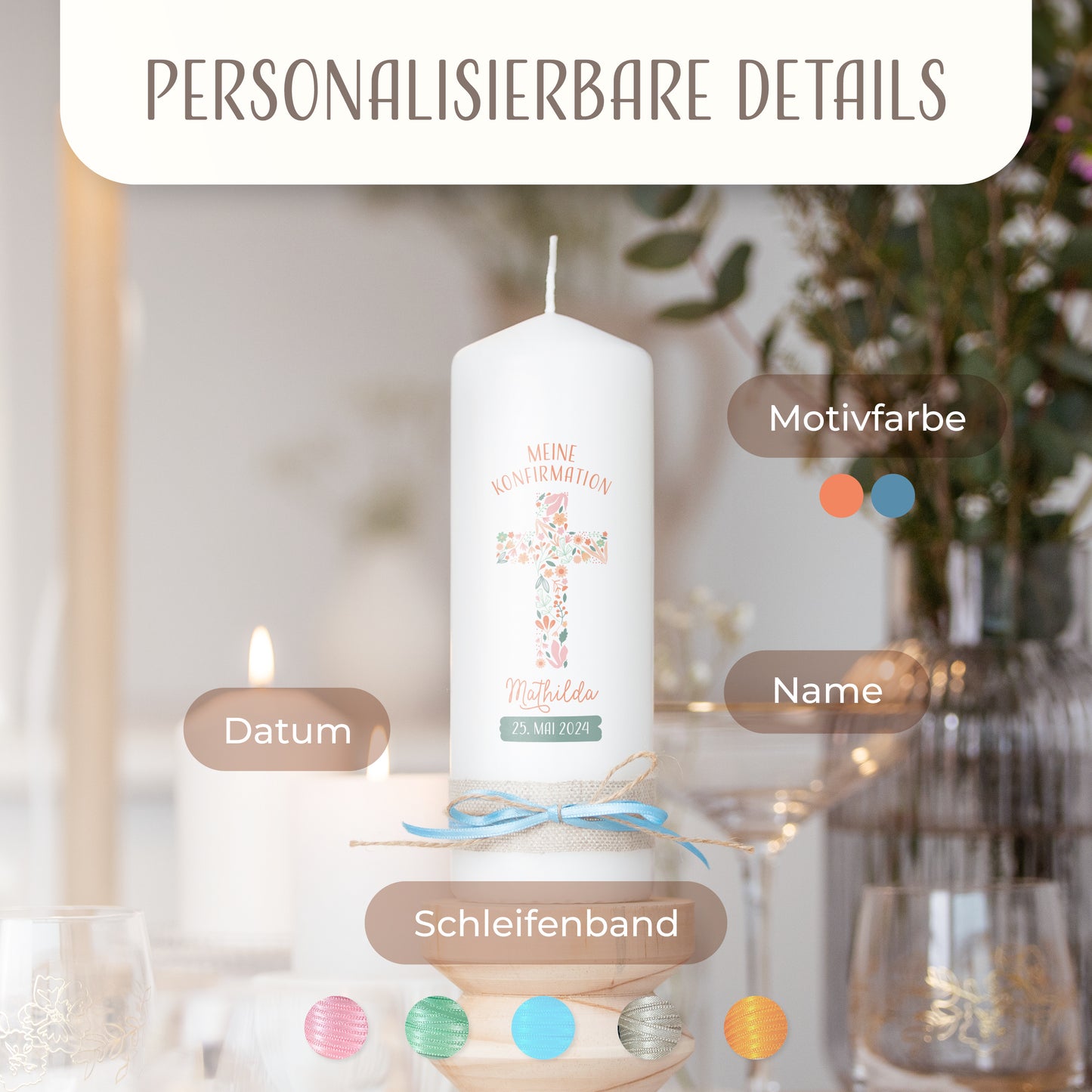 Konfirmationskerze | Floraler Segen | Orange, Blau
