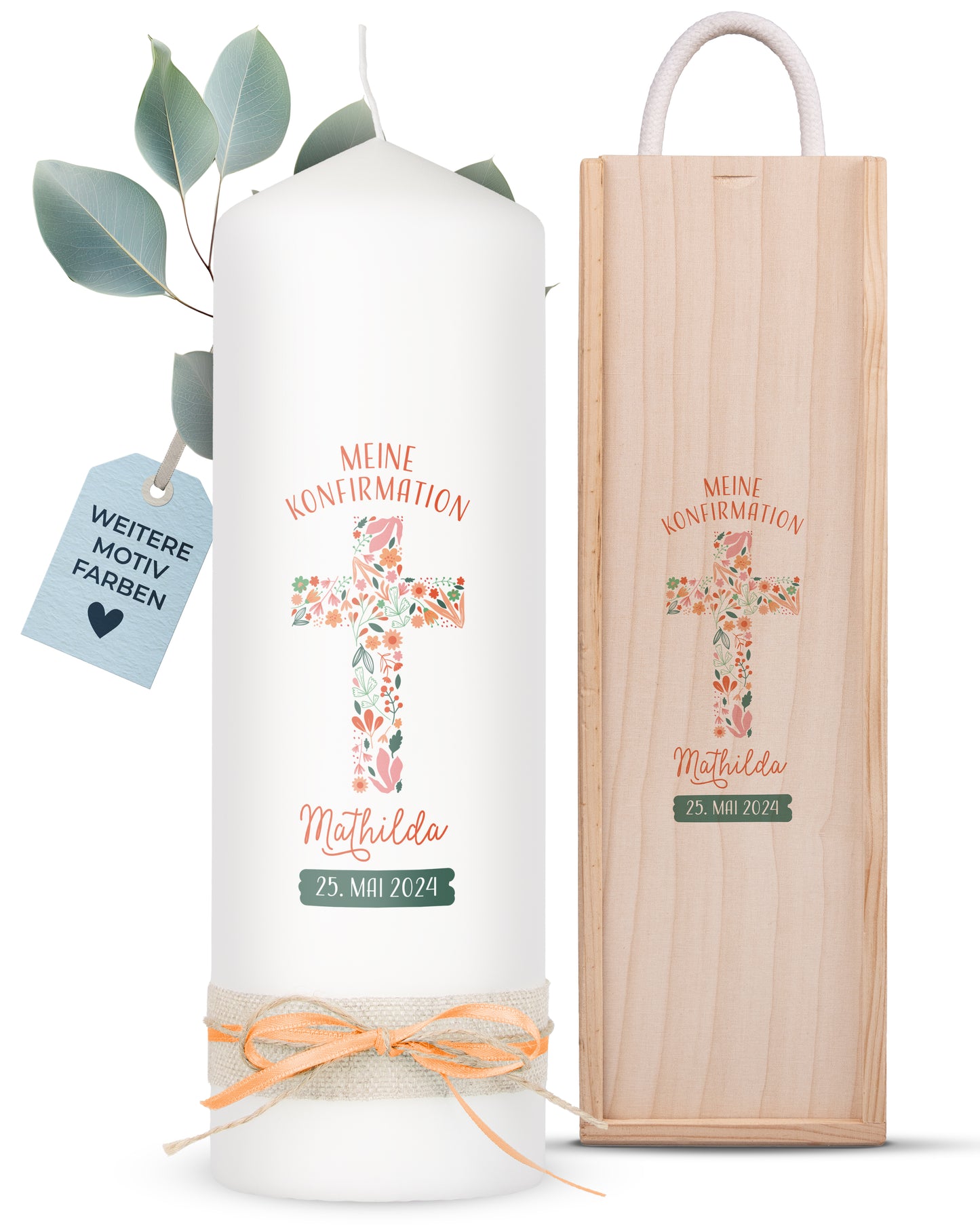 Konfirmationskerze | Floraler Segen | Orange, Blau