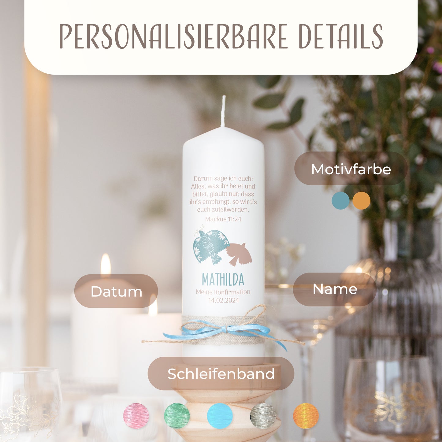 Konfirmationskerze | Taube | Braun, Orange