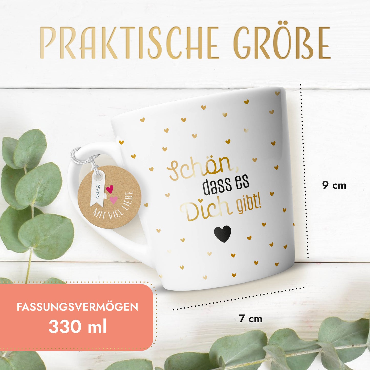 Tasse "Schön, dass es dich gibt" | Goldene Herzchen (022)