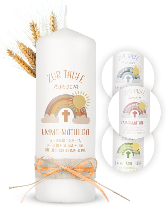 Taufkerze | Boho Regenbogen | Orange, Blau, Grün, Rosa