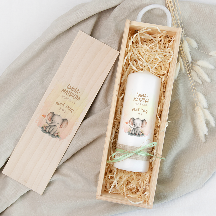 Taufkerze | Elefant Herz | Beige, Blau, Grün, Rosa