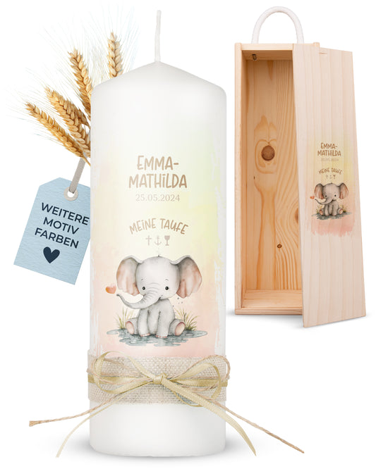 Taufkerze | Elefant Herz | Beige, Blau, Grün, Rosa