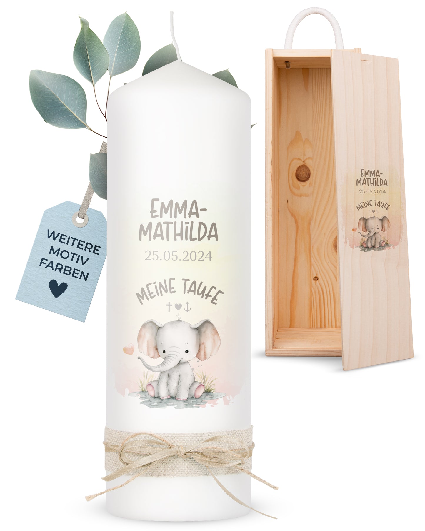 Taufkerze | Elefant Herz | Beige, Blau, Grün, Rosa