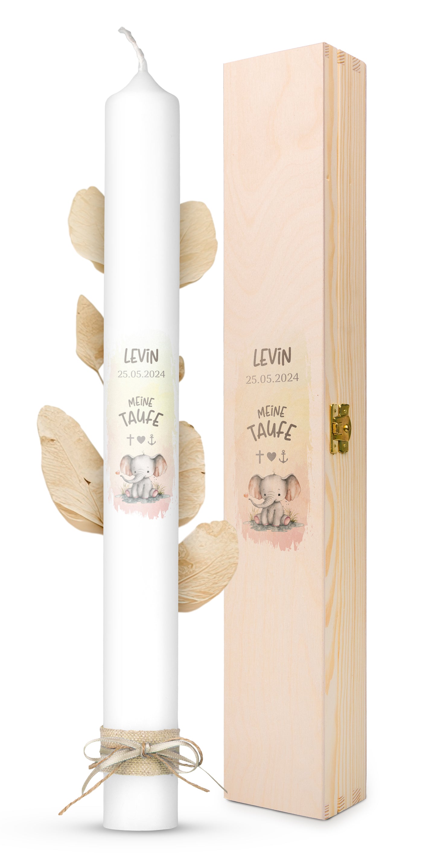 Taufkerze | Elefant Herz | Beige, Blau, Grün, Rosa