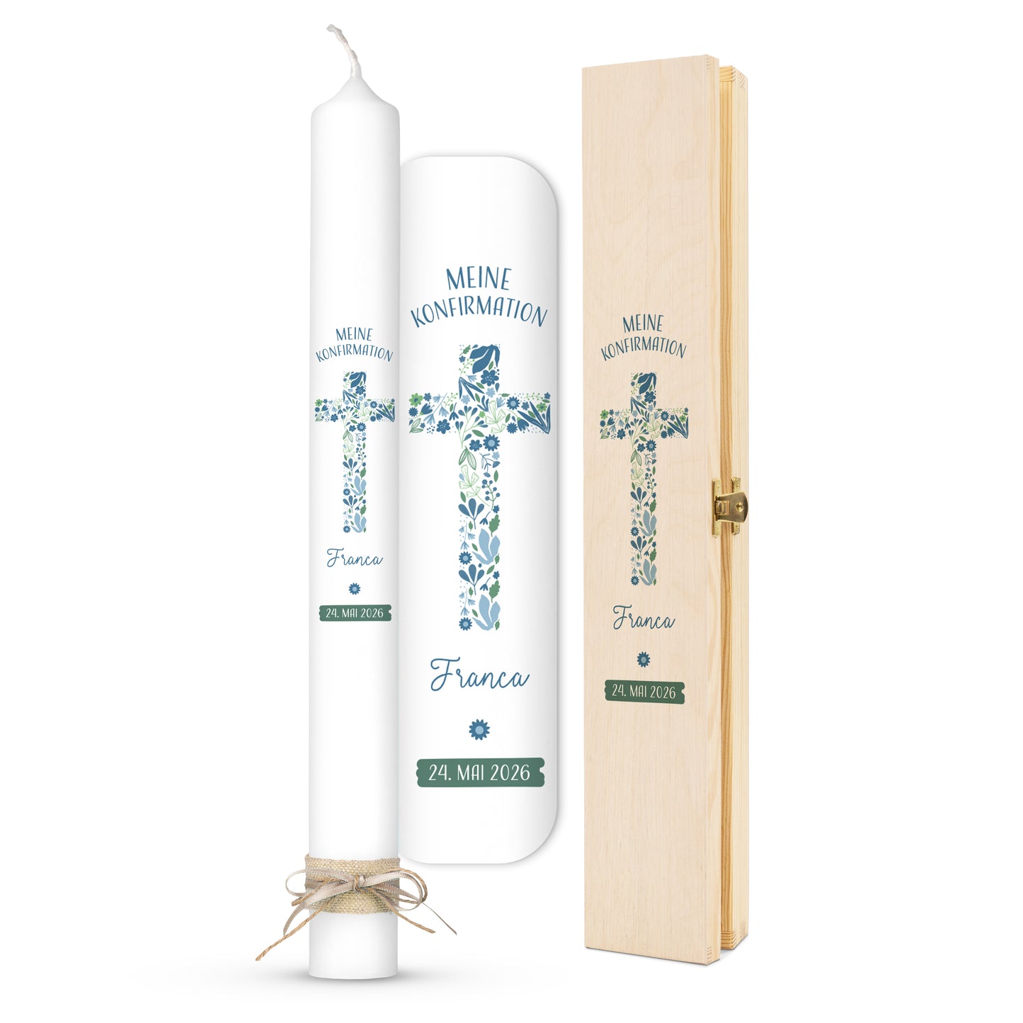 Konfirmationskerze | Floraler Segen | Orange, Blau