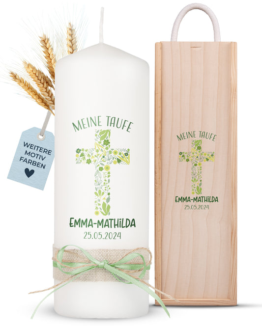 Taufkerze | Florales Kreuz | Orange, Blau, Grün, Rosa