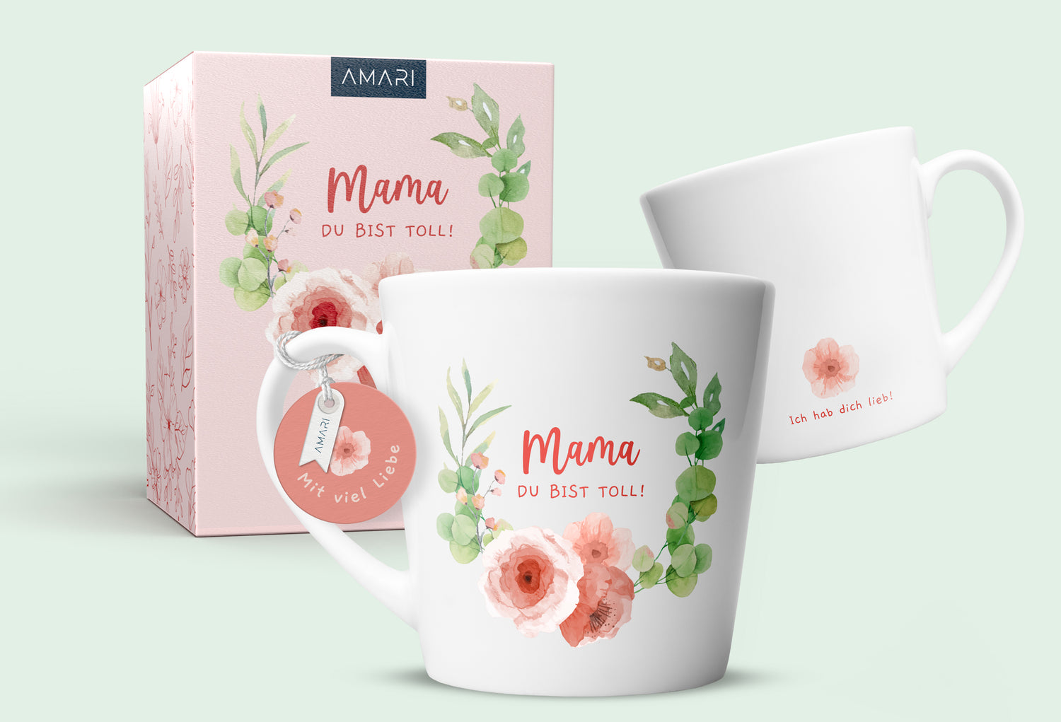 AMARI Tasse mit Blumen Design und dem Spruch "Mama du bist toll!". Auf der Rückseite der Tasse steht "Ich hab dich lieb!"