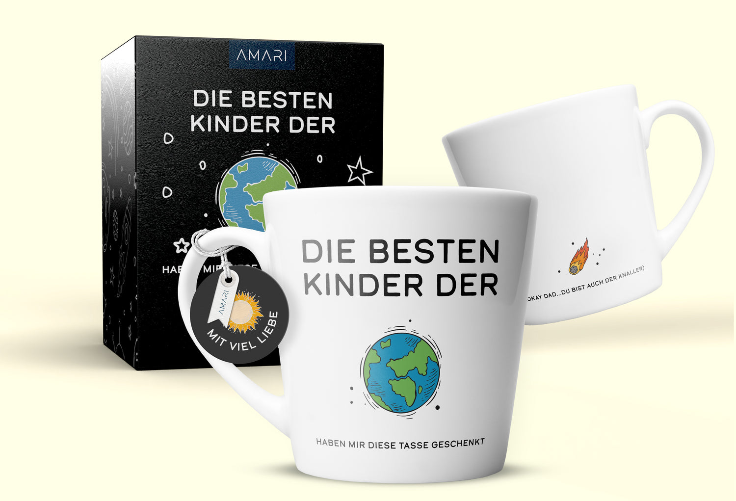 AMARI Papa Tasse mit dem Spruch auf der Vorseite "Die Besten Kinder der Welt haben mir diese Tasse geschenkt" und auf der Rückseite "Okay Dad du bist auch der Knaller"