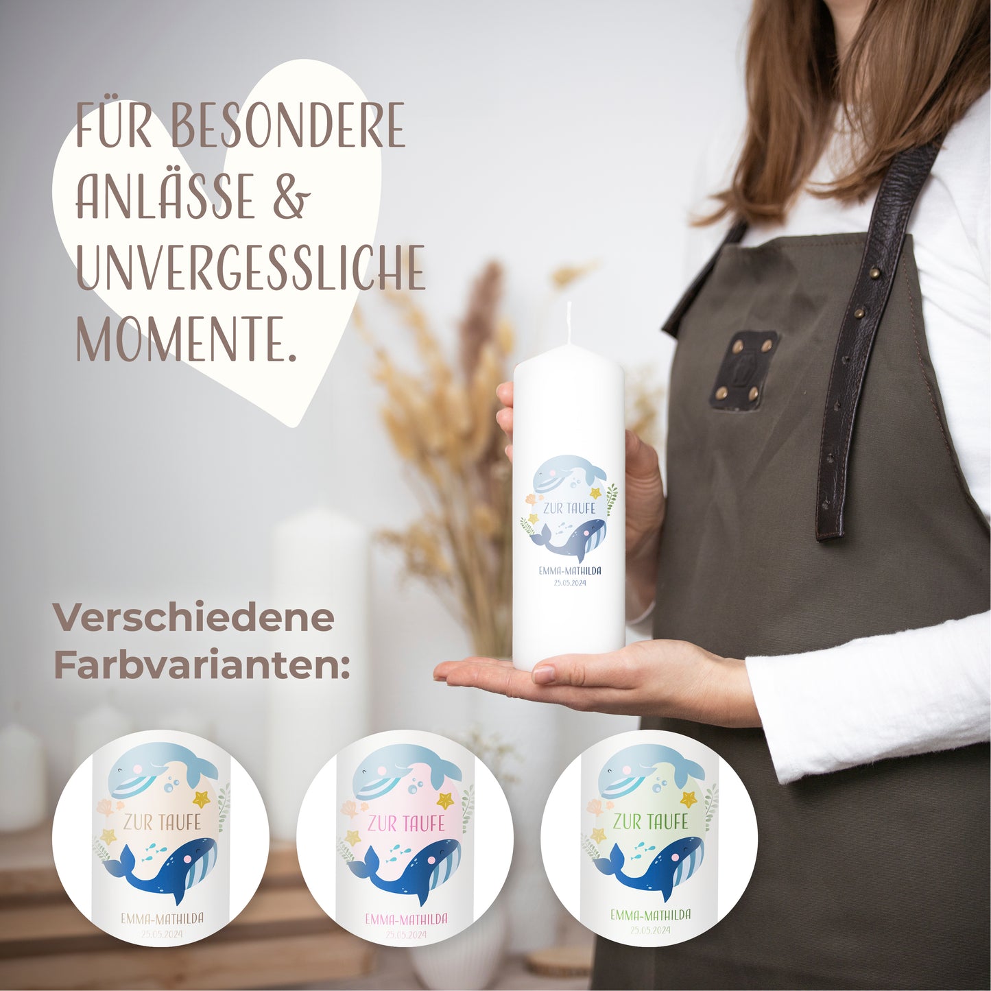 Taufkerze | Wunderwelt Wal | Beige, Blau, Grün, Rosa