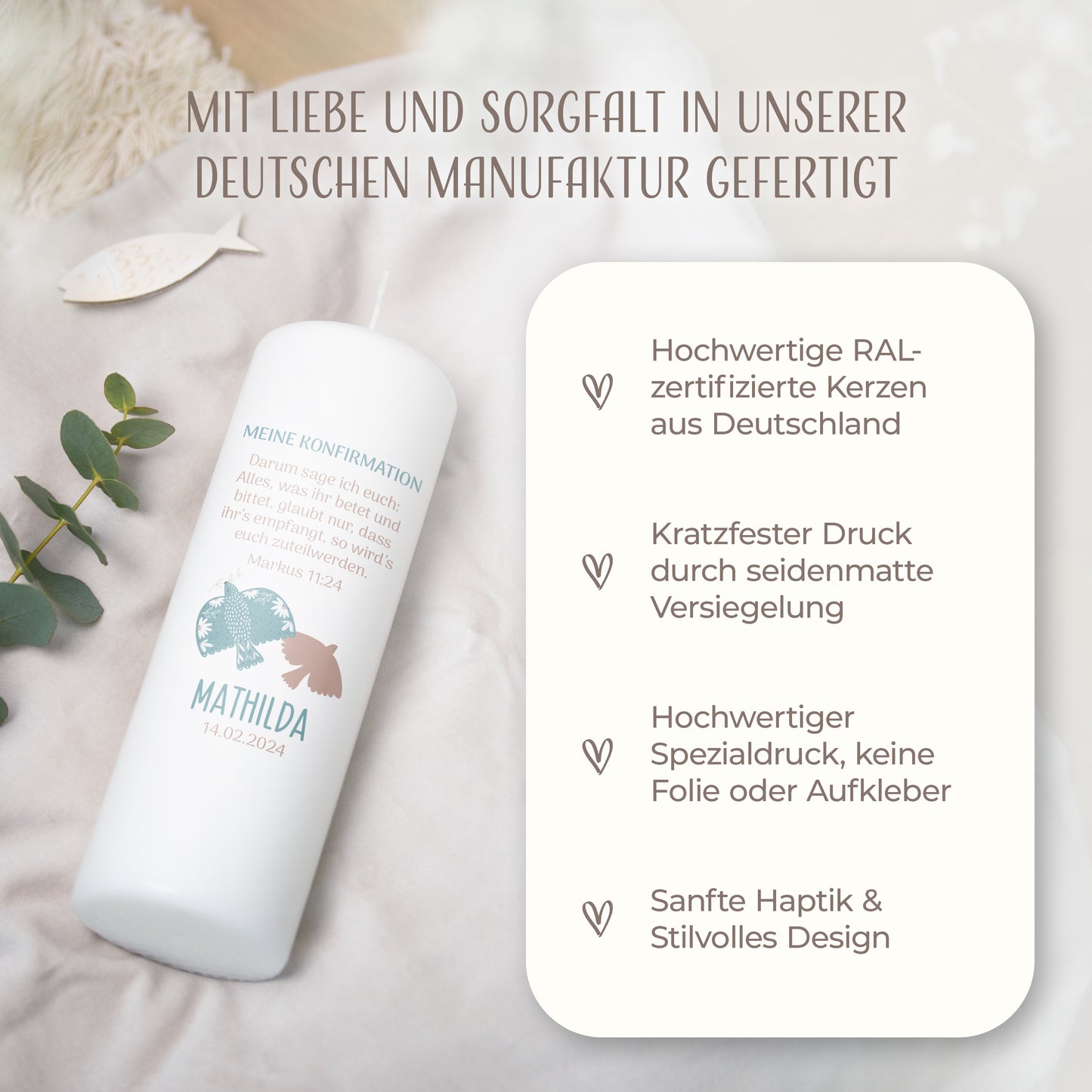Konfirmationskerze | Taube | Braun, Orange