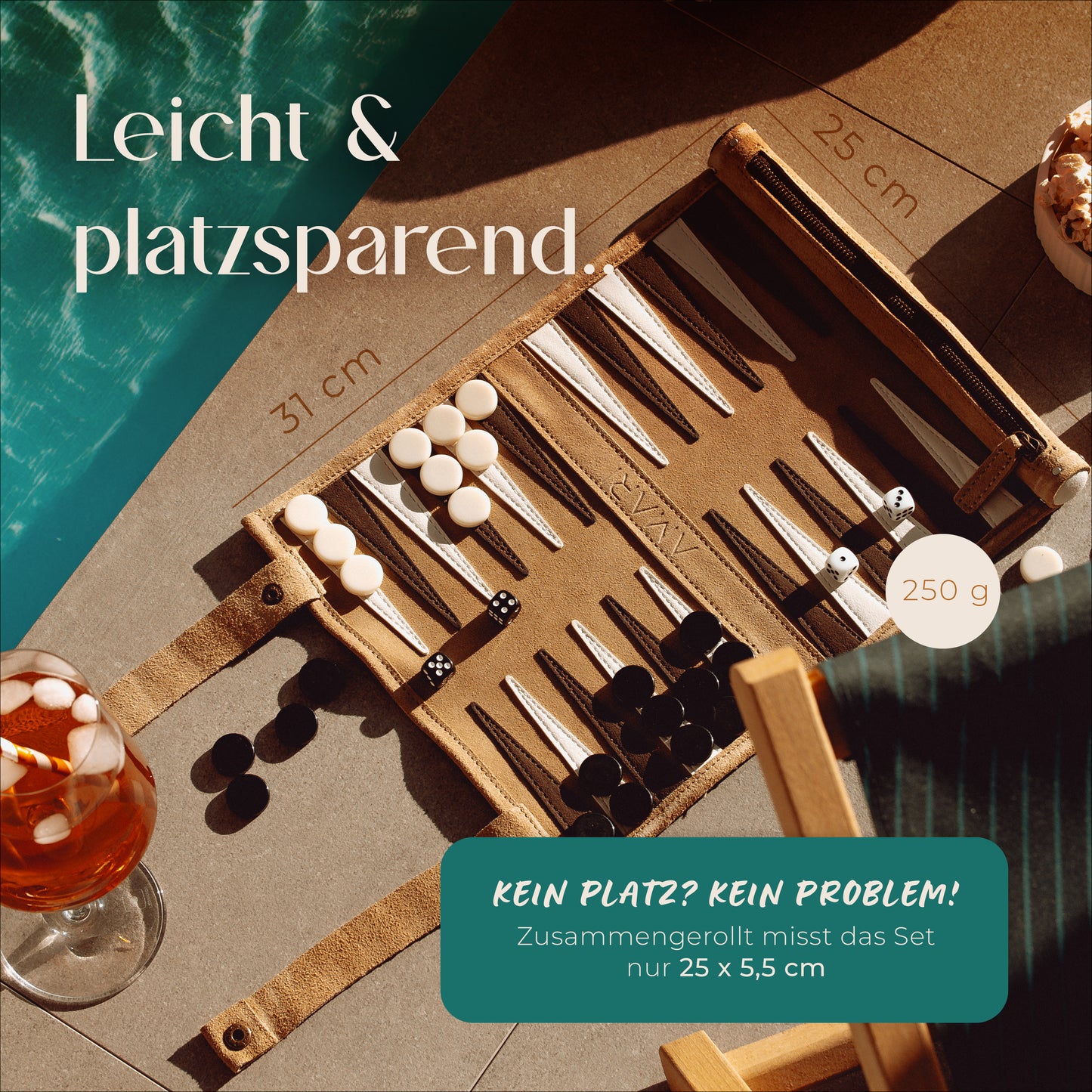Reise Backgammon - Rollbares Backgammon für Reisen und Unterwegs