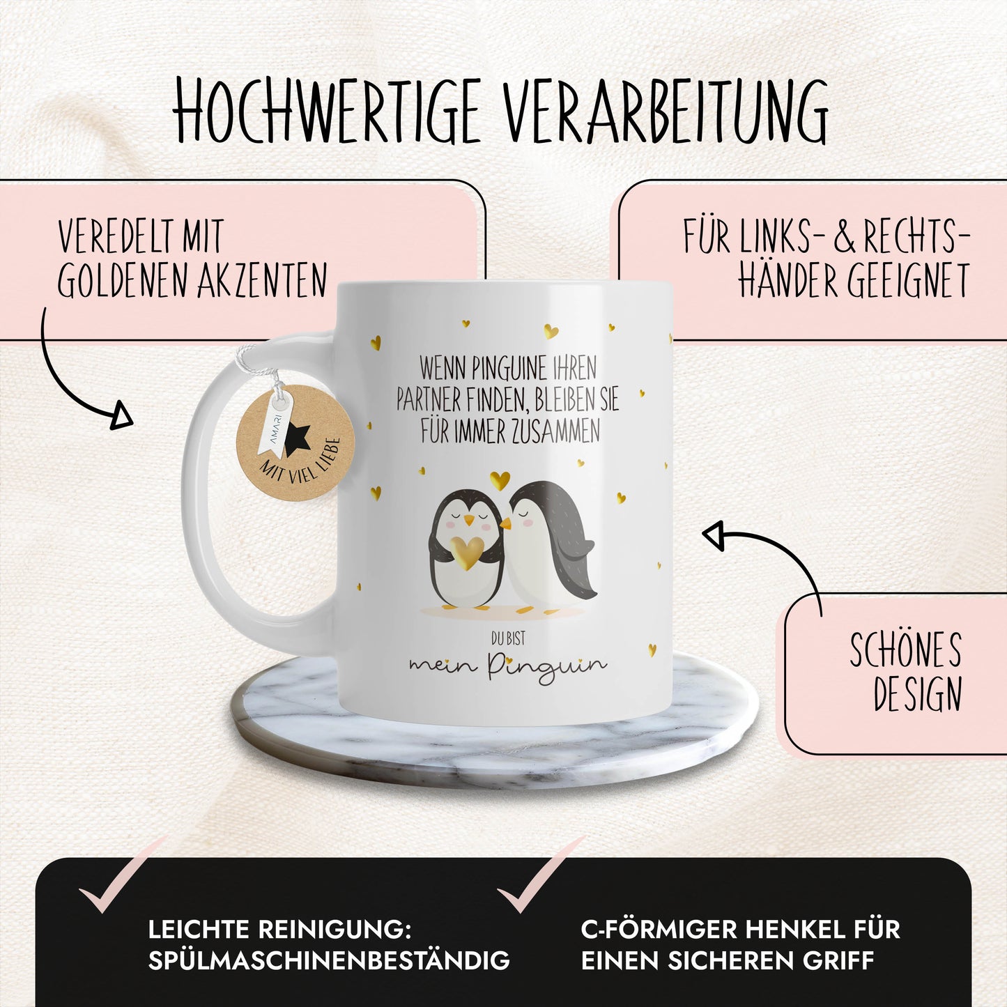 Tasse "Pinguin" | Goldene Details Herzchen (024)