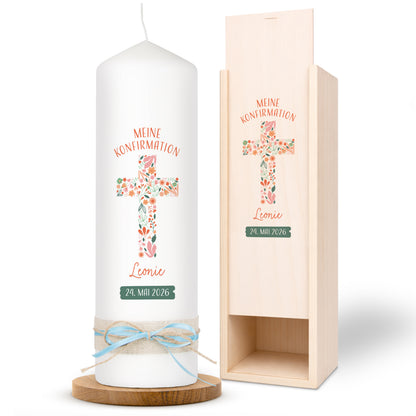 Konfirmationskerze | Floraler Segen | Orange, Blau