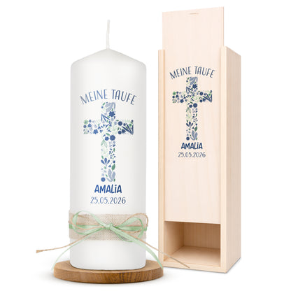 Taufkerze | Florales Kreuz | Orange, Blau, Grün, Rosa