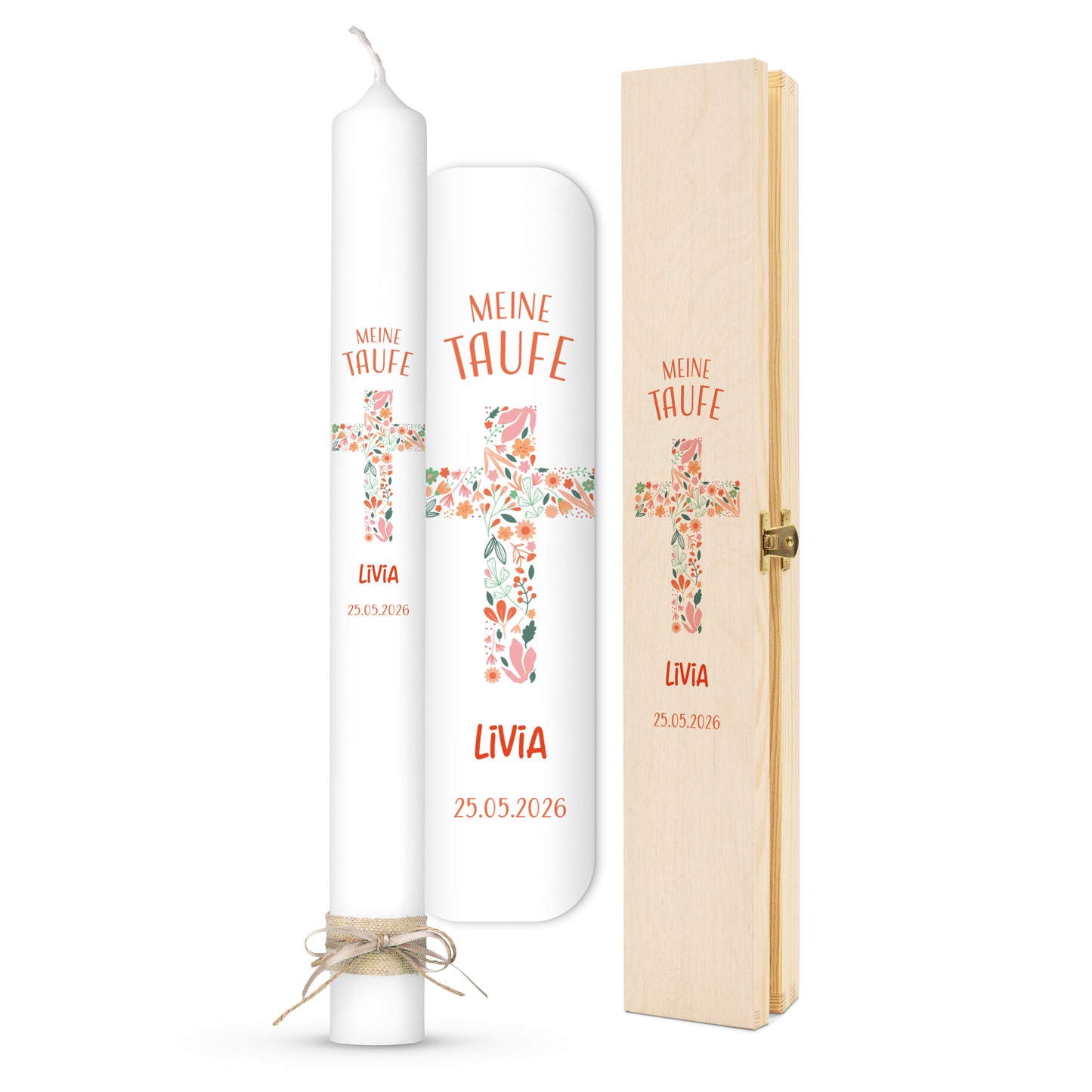 Taufkerze | Florales Kreuz | Orange, Blau, Grün, Rosa