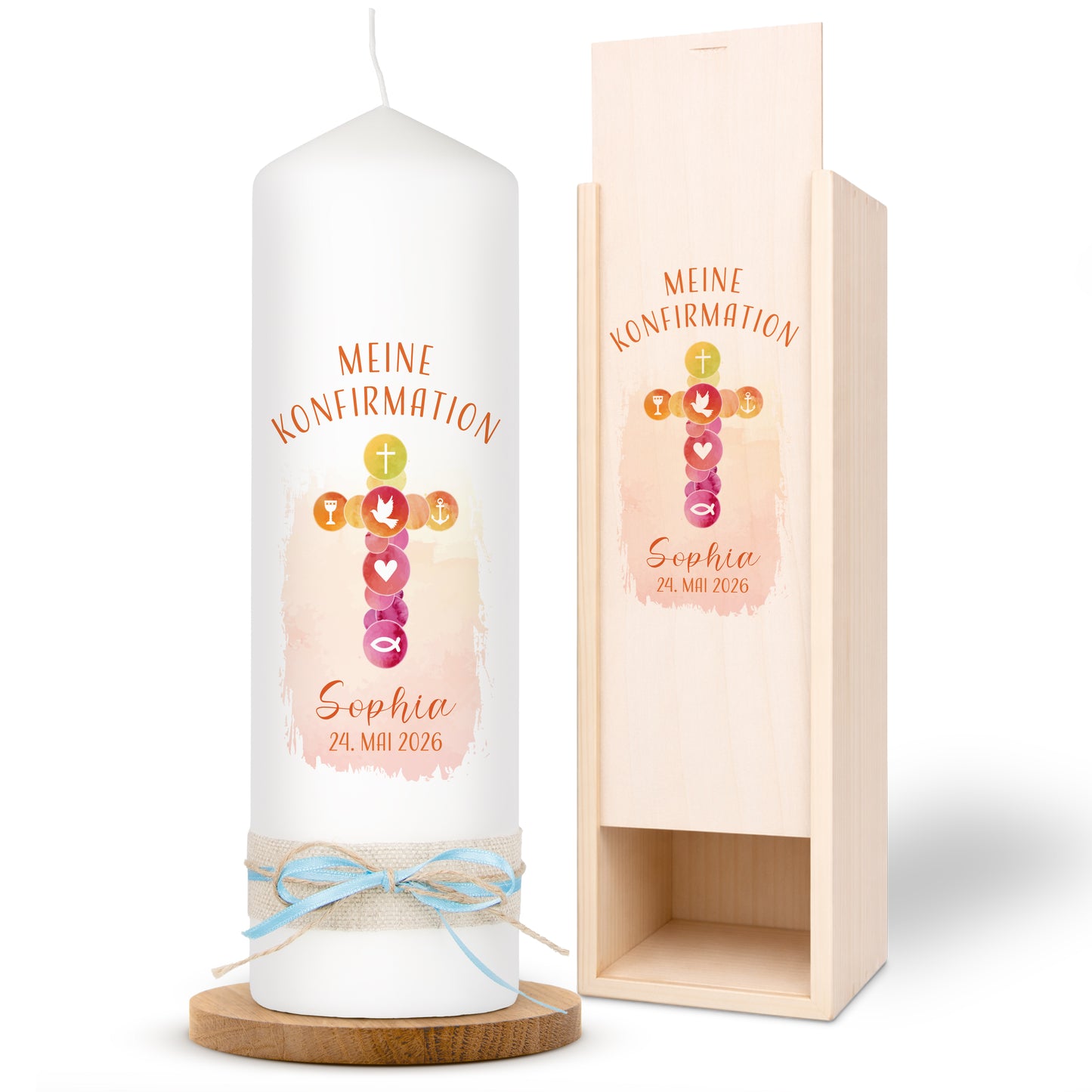 Konfirmationskerze | Kreuz Symbole | Blau, Rosa