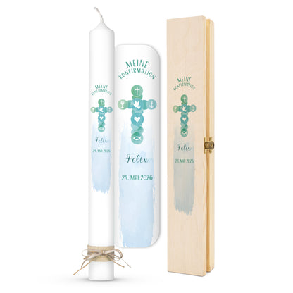 Konfirmationskerze | Kreuz Symbole | Blau, Rosa